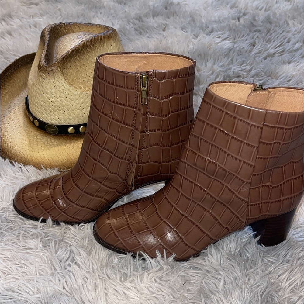 Brown Croc-Embossed Ankle Boots